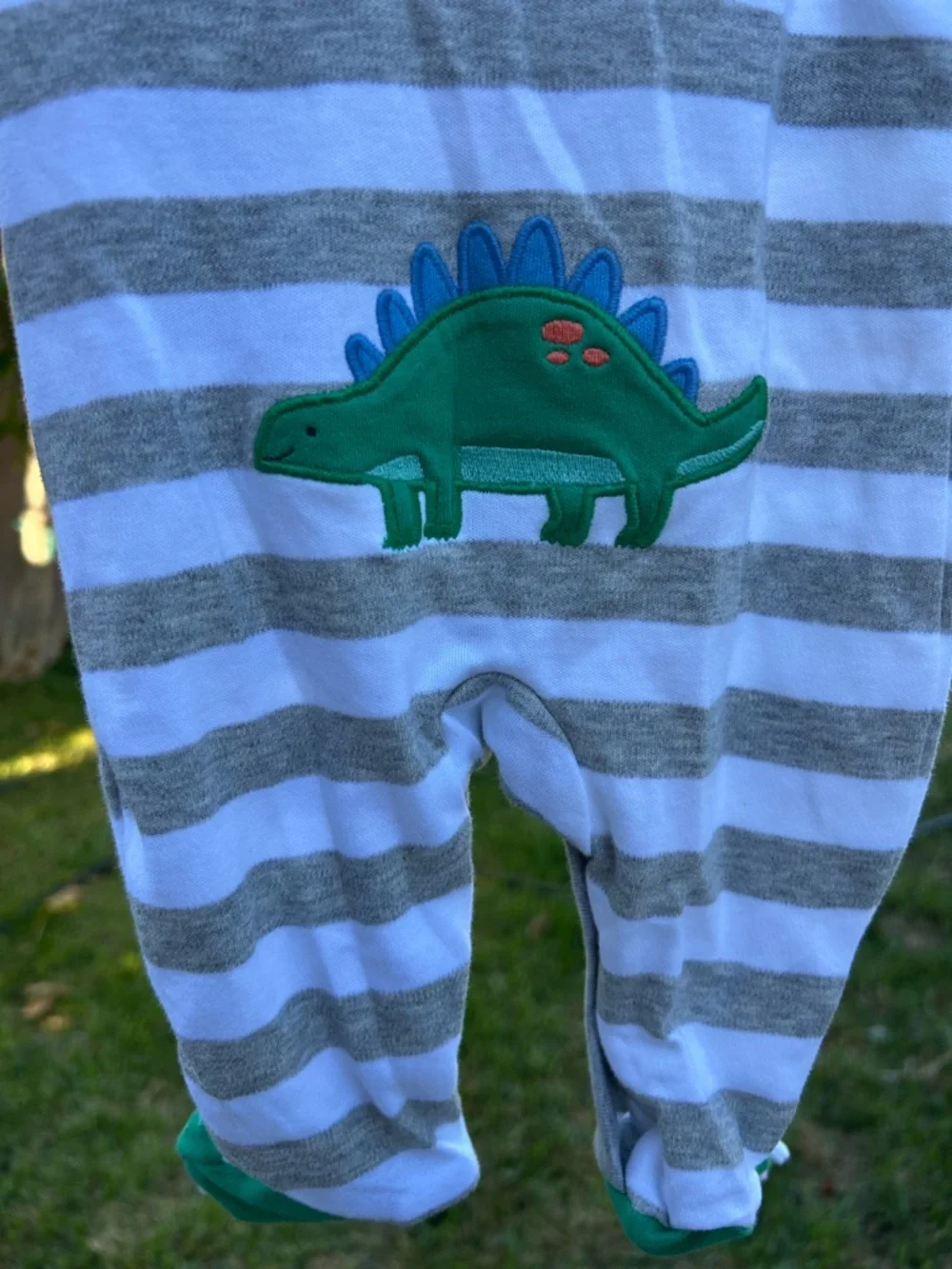 Carter’s Grey & White Striped Baby One-Piece with Green Dino Accent